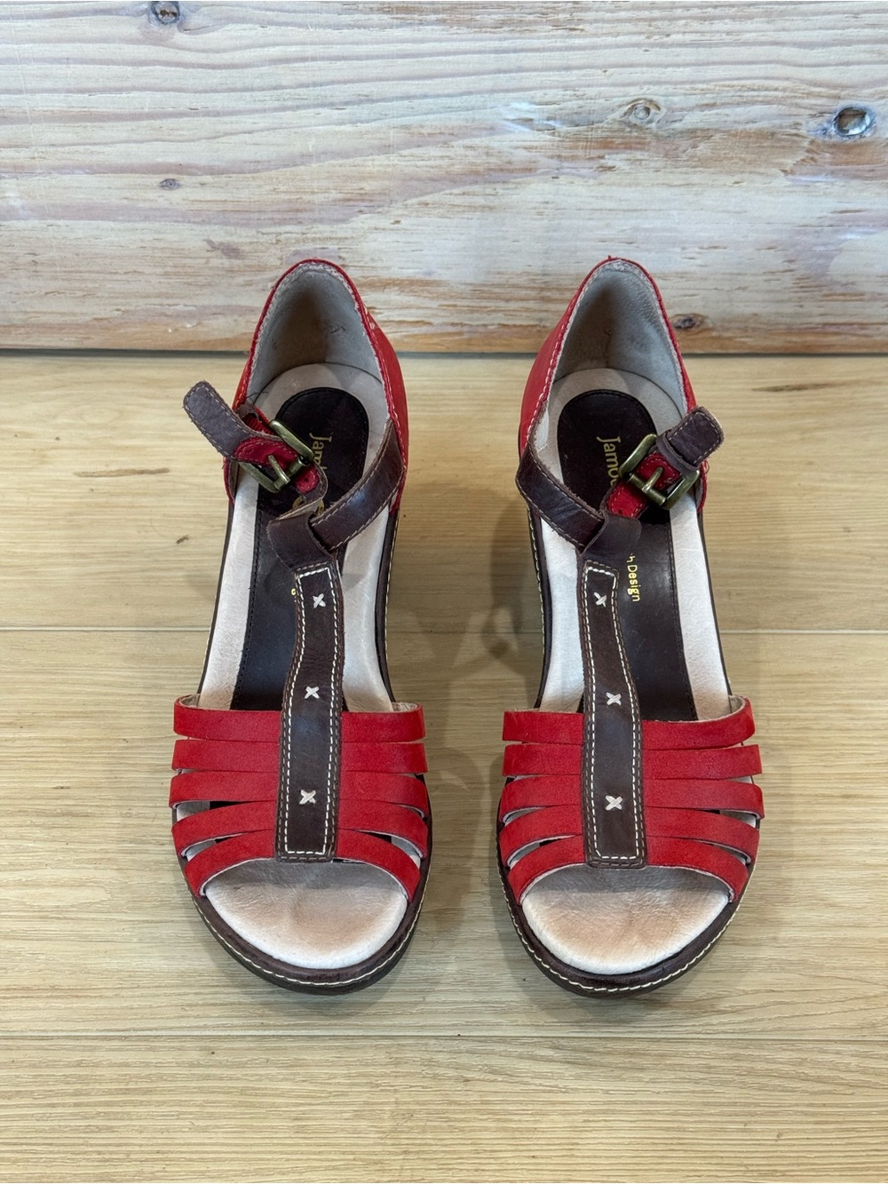 Jambu Red and Brown Leather Strappy Heels with T‑Strap